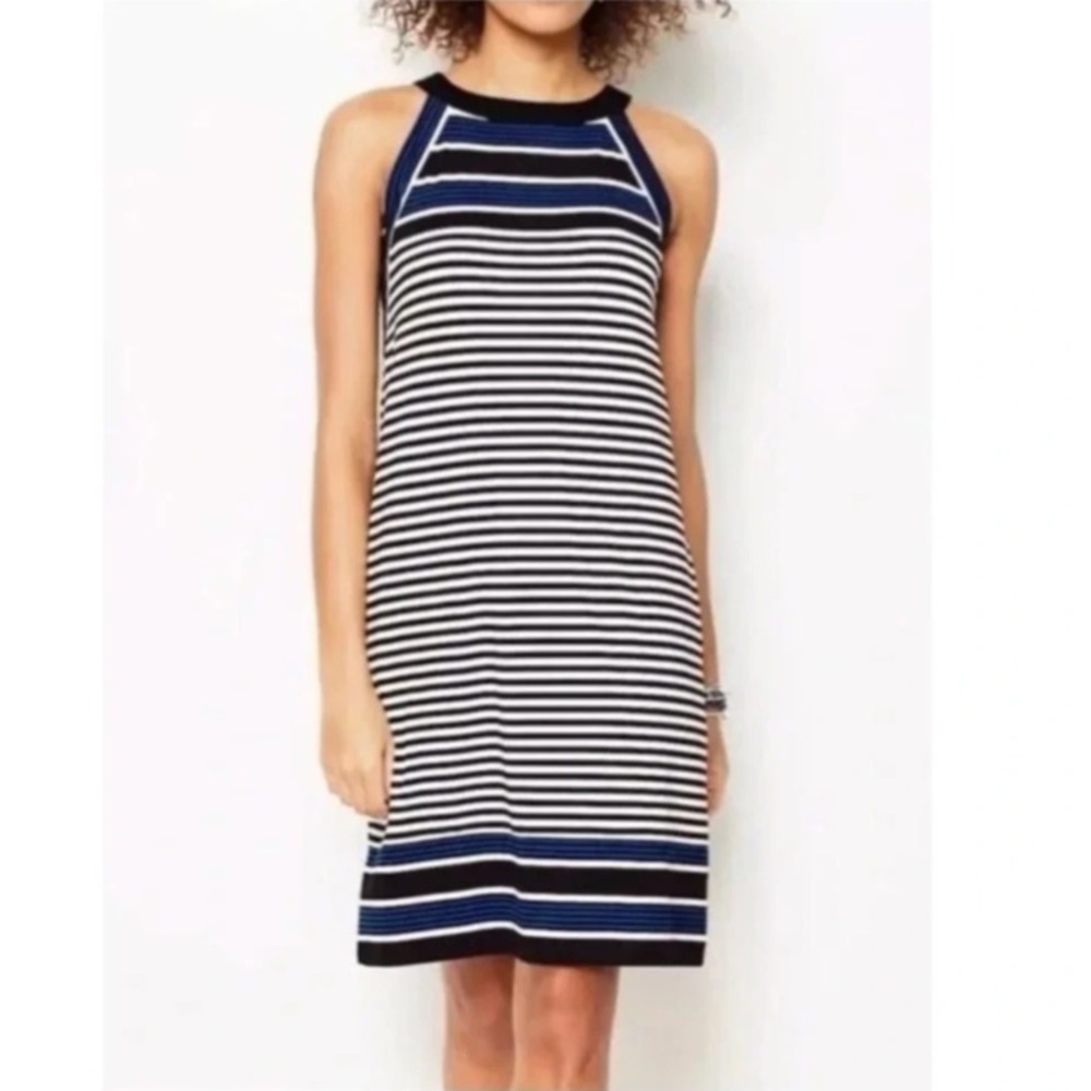 J. Jill Wearever Dress, Size Medium, Black Multi Striped Halter Neck Shift